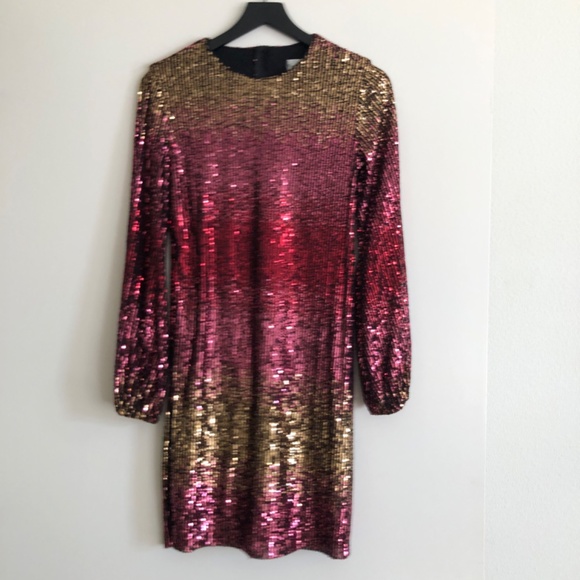Gold & Pink Ombre Long Sleeve Sequin Shift Dress, 2 - Picture 4 of 16